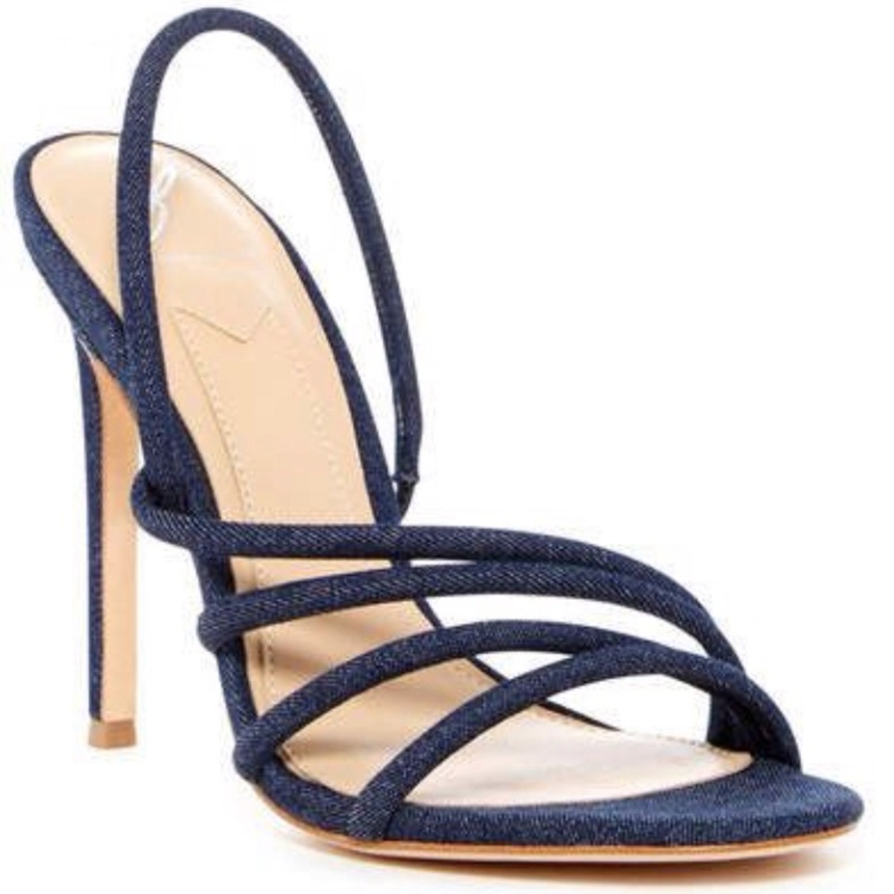 Rare Brian Atwood Fifi Denim Jean Blue Multi Strap Stiletto Heels